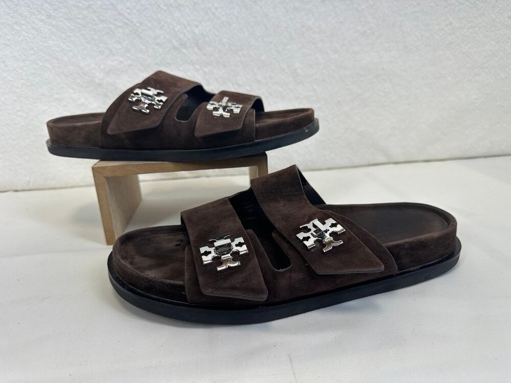 Tory Burch Women's Brown Suede Slide Sandals Metal Logo Turnlock Accent SZ 9